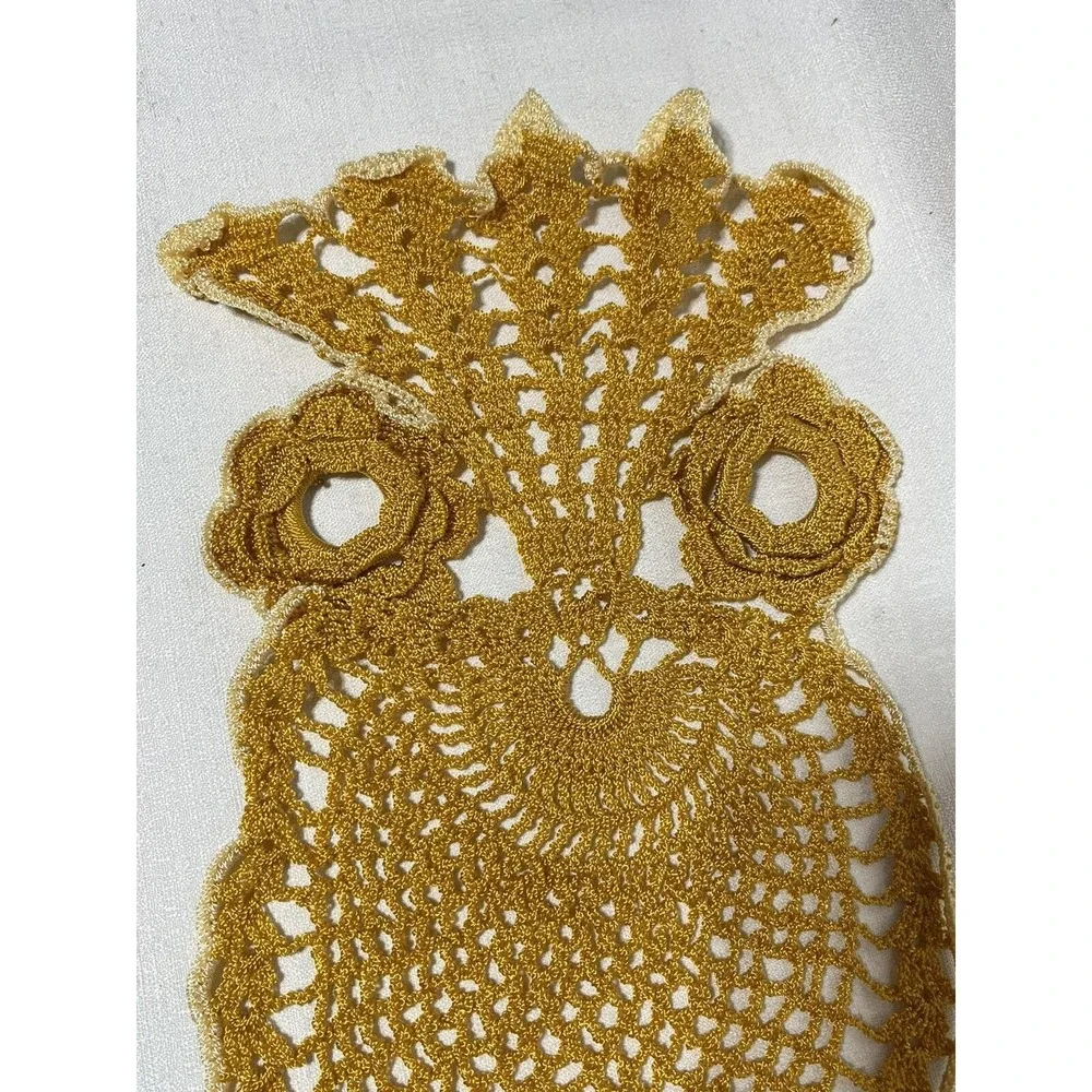 Vintage Owl Hand Crocheted Doily Cotton Gold Yellow MCM
